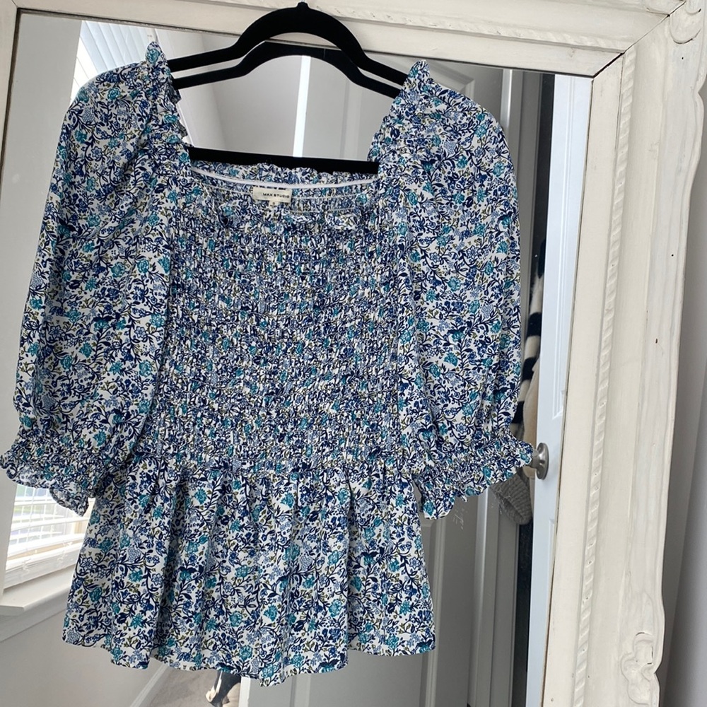 Floral print ruched puff sleeve blouse